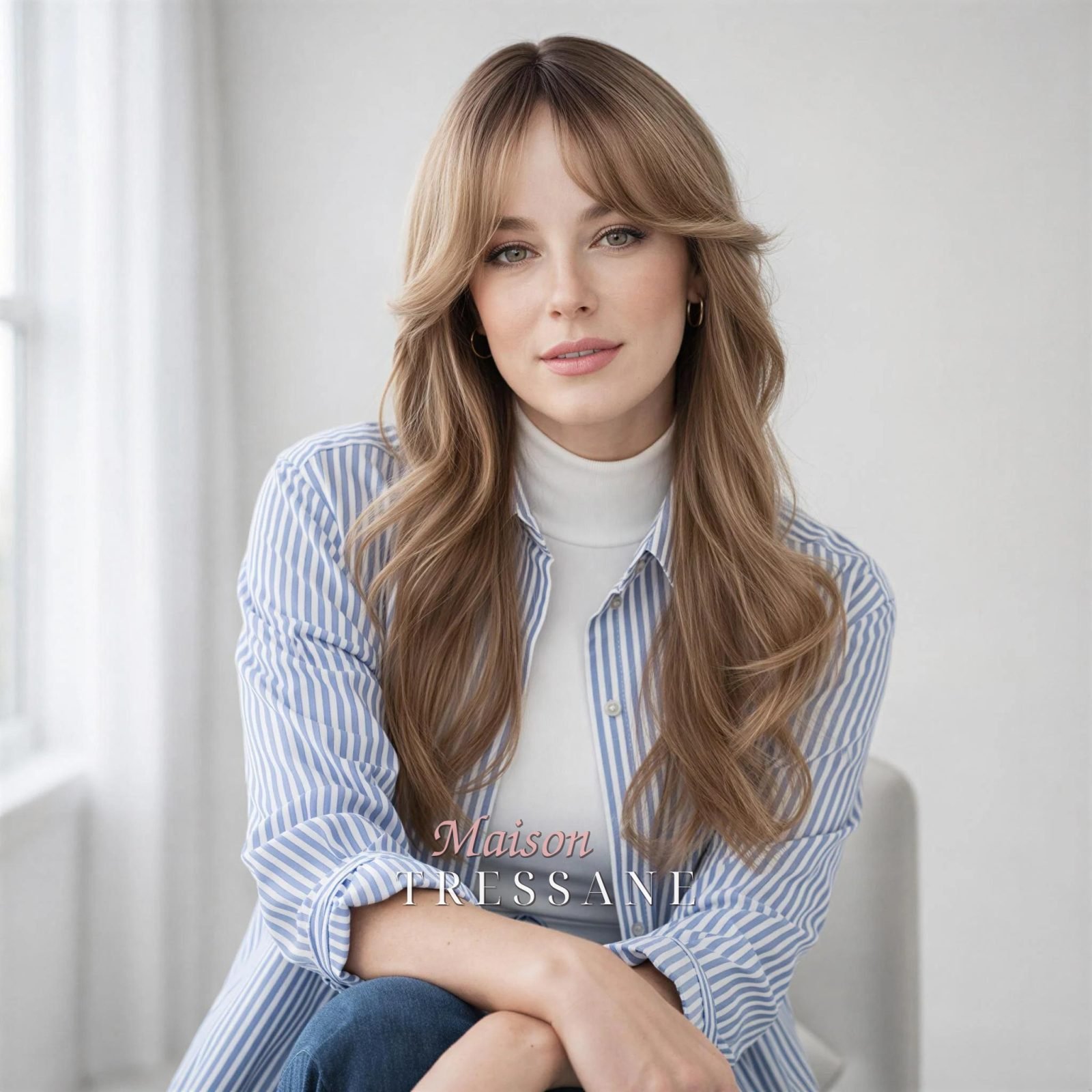 Perruque à balayage ondulée blonde cendrée de 22 pouces avec — ondulée, 55 cm, teinte blond — portée, vue de face