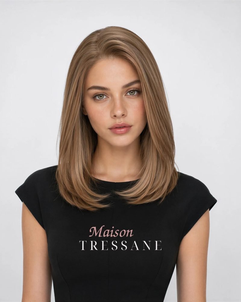 Perruque lacet marron clair à balayage en T de 14 pouces — lisse, 35 cm, teinte châtain — portée, vue de face