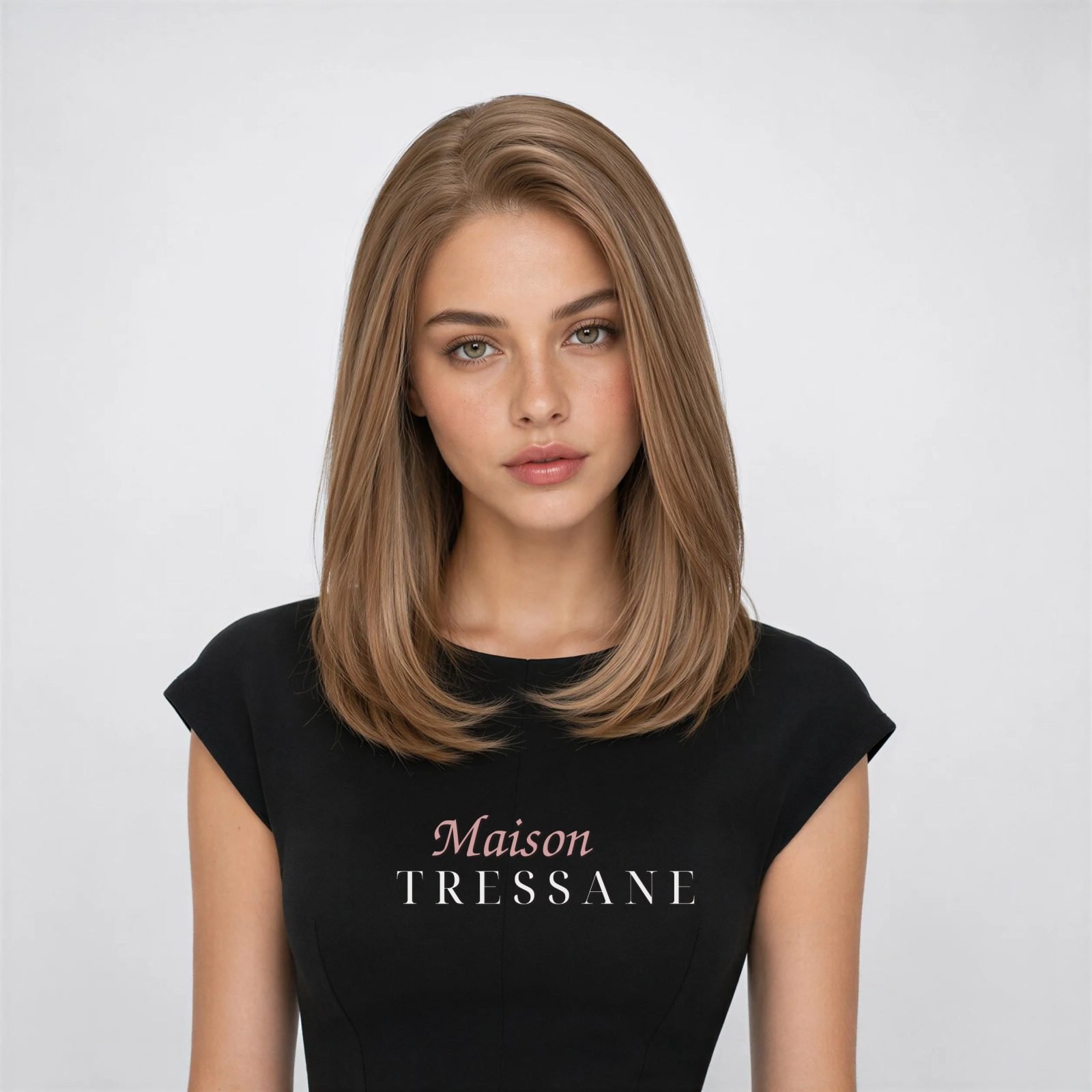 Perruque lacet marron clair à balayage en T de 14 pouces — lisse, 35 cm, teinte châtain — portée, vue de face