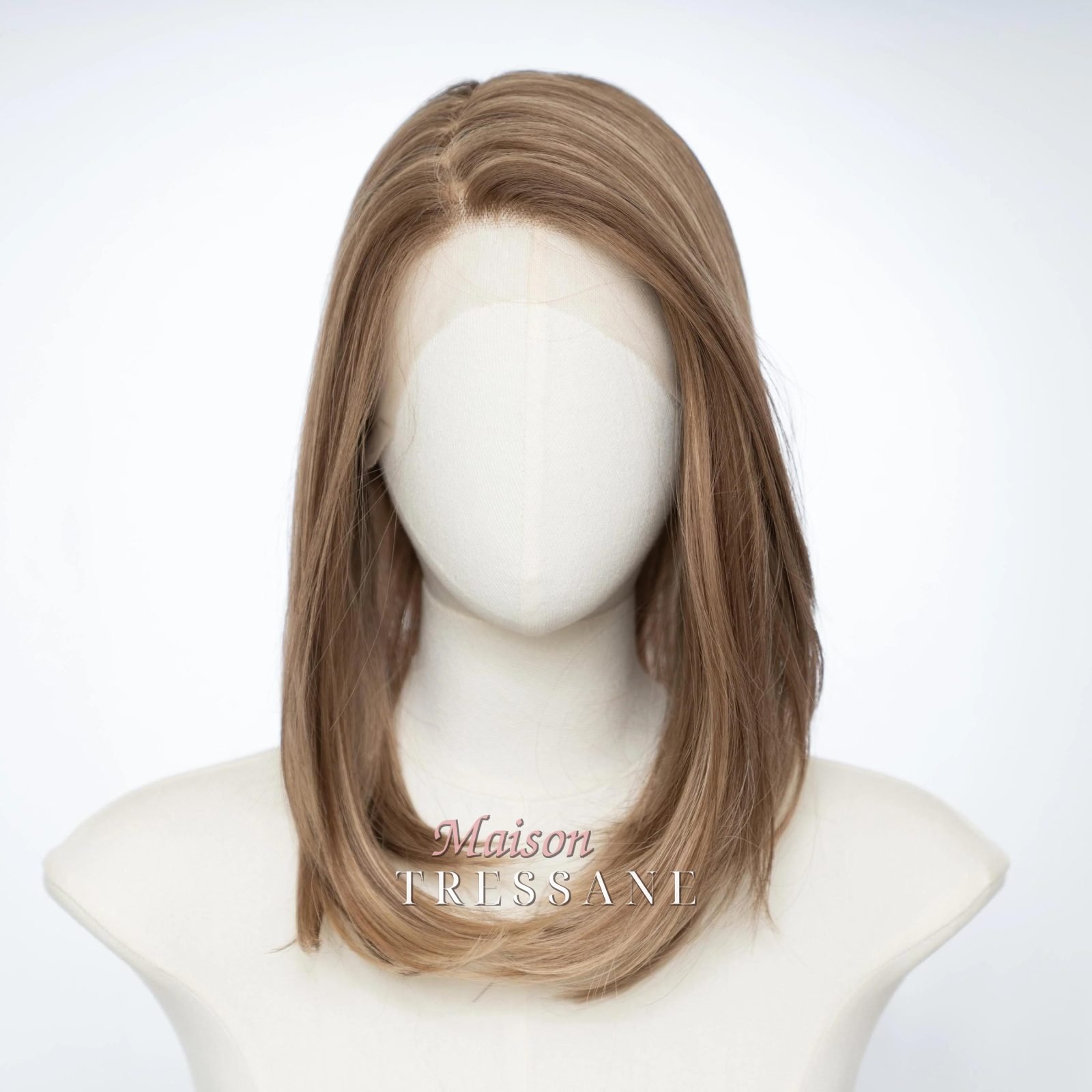 Perruque lacet marron clair à balayage en T de 14 pouces — lisse, 35 cm, teinte châtain — vue de face