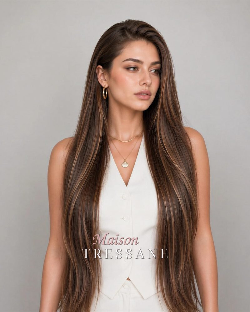 Perruque à balayage brun foncé de 26 pouces — lisse, 65 cm, teinte brun — portée, vue de face