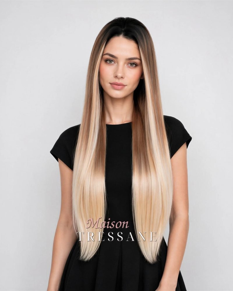 Perruque lacet droite 13 x 4 de 26 pouces — lisse, 65 cm, teinte blond — portée, vue de face