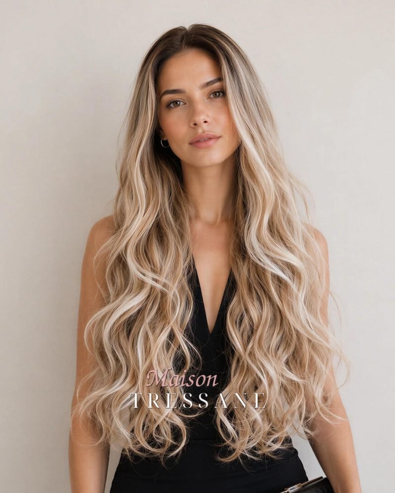 Perruque Lace Front Ondulée 13 x 4 Blonde Latte À Balayage 24 — ondulée, 60 cm, teinte blond — portée, vue de face