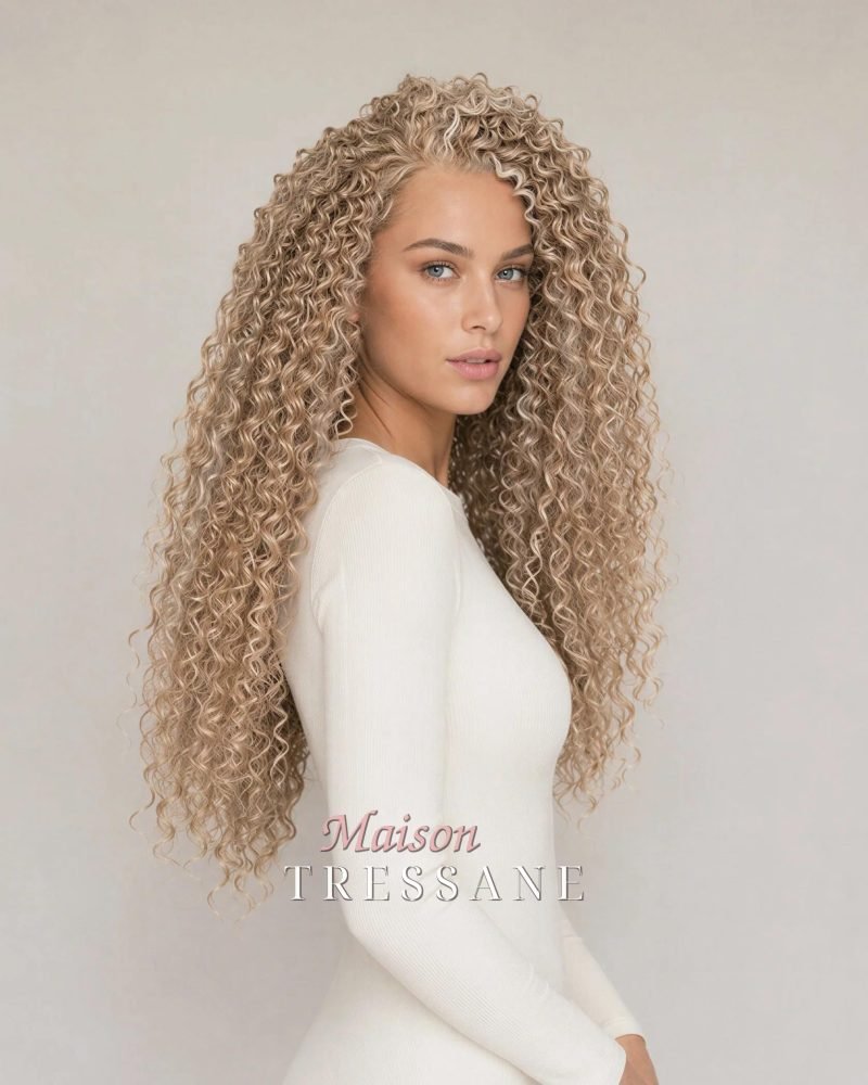 Perruque bouclée 13 x 4 lacets beige cendré à balayage de 50 cm — bouclée, 50 cm, teinte blond — portée, vue de face