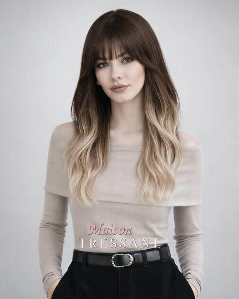Ondulée ombrée avec frange — Blond 55 cm — ondulée, 55 cm, teinte blond — portée, vue de face