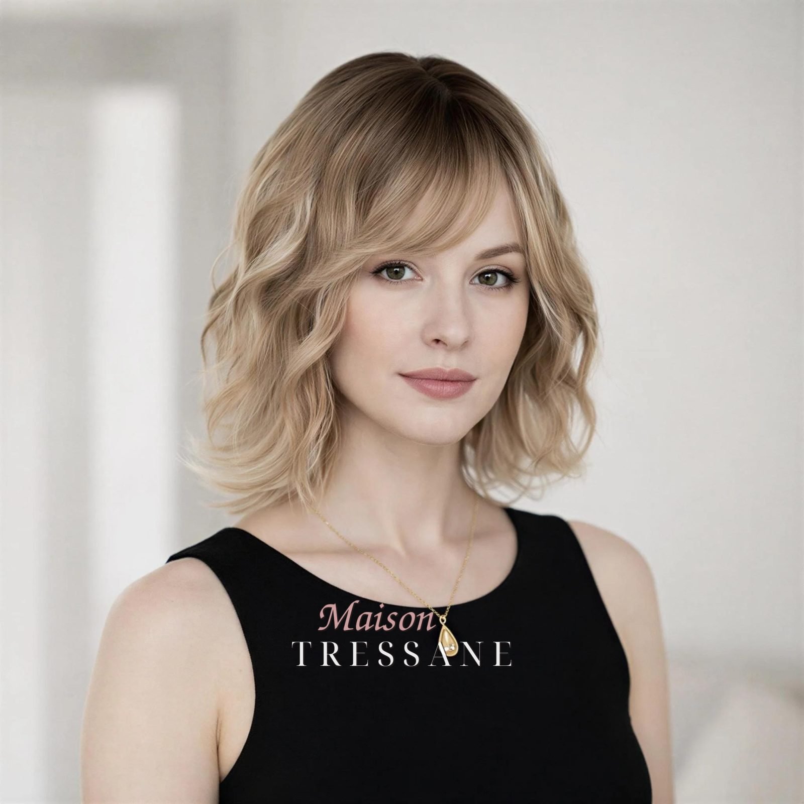 Perruque ondulée blonde à balayage de 30 cm (12 po.) — ondulée, 30 cm, teinte blond — portée, vue de face