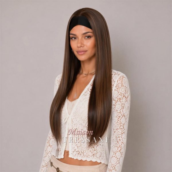 Perruque serre-tête de 61 cm — Brun — lisse, 60 cm, teinte brun — portée, vue de face
