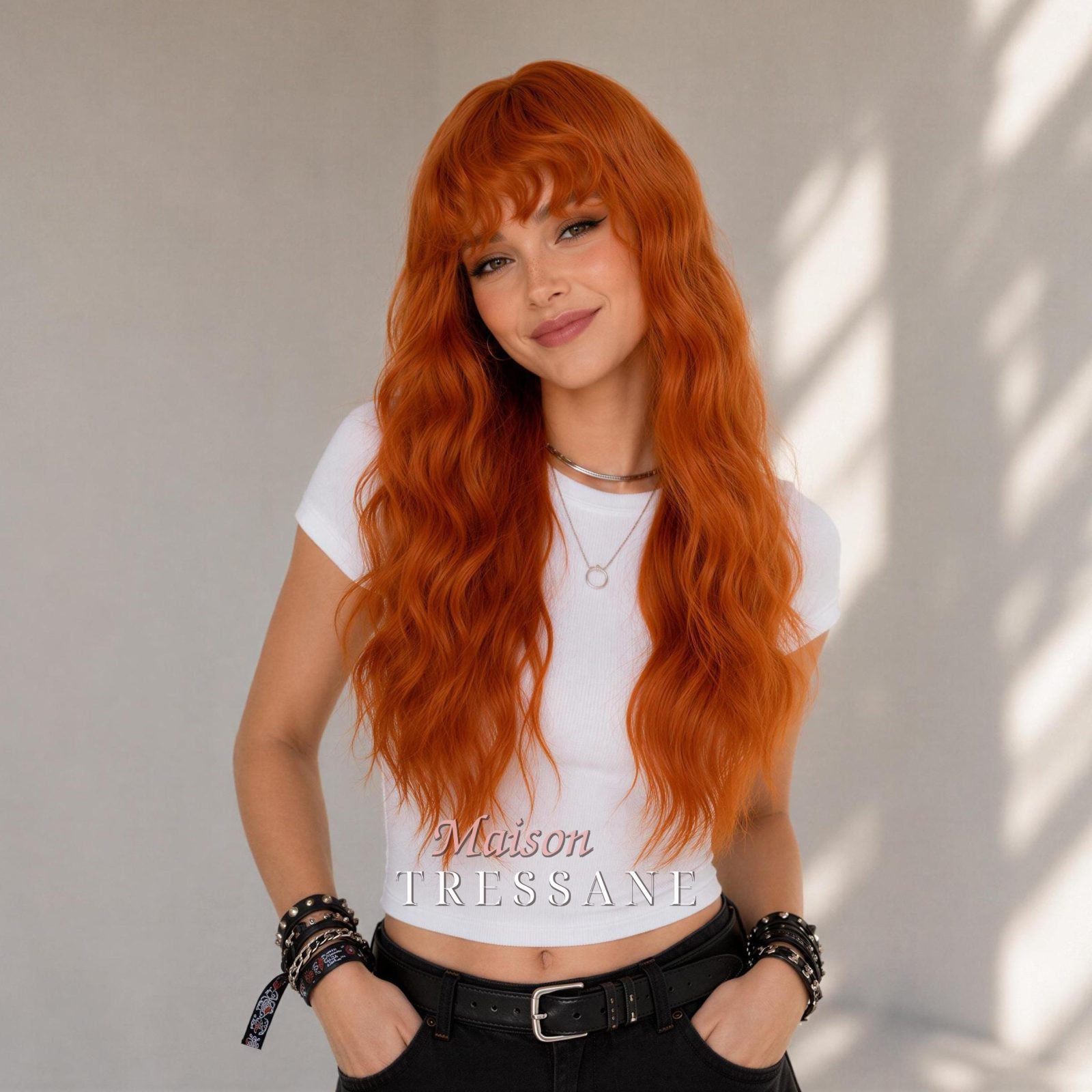 Ondulée 24 pouces orange cuivré avec frange — ondulée, 60 cm, teinte auburn — portée, vue de face