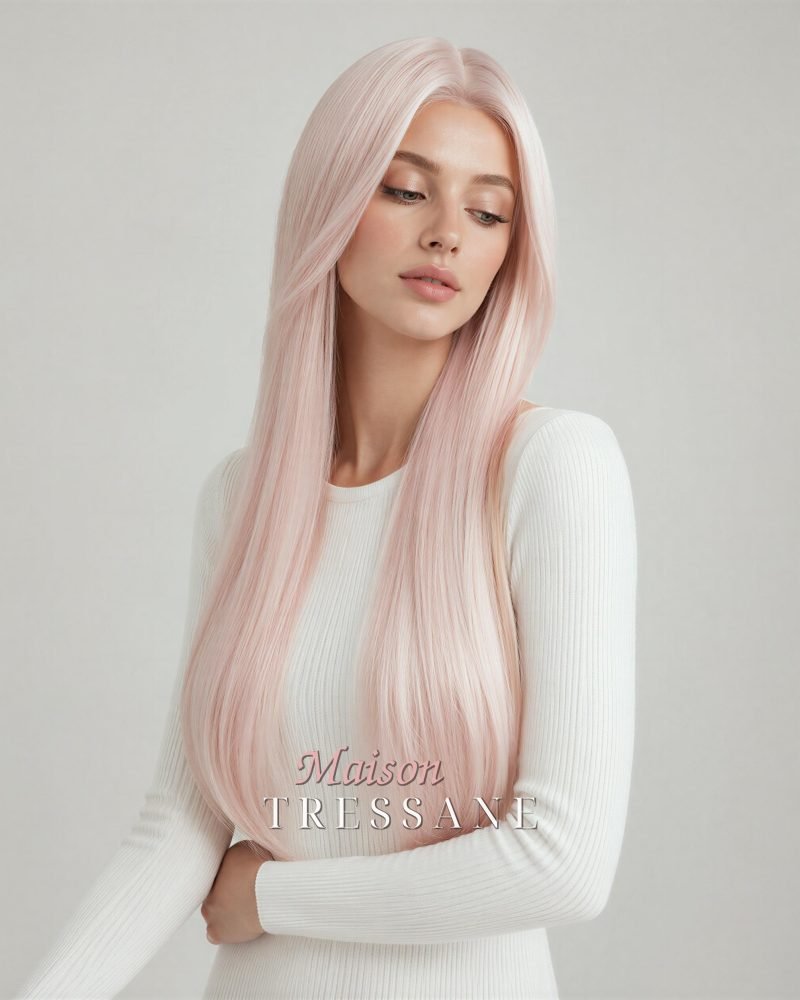 Perruque lace frontale 13 x 4 rose pastel 61 cm — lisse, 60 cm, teinte rose & violet — portée, vue de face