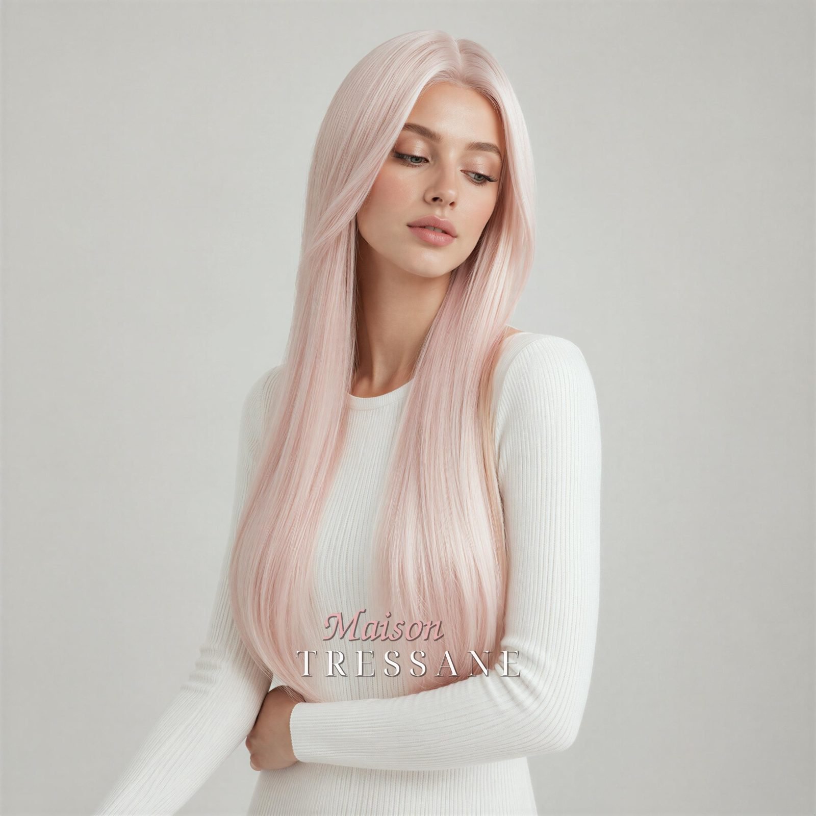 Perruque lace frontale 13 x 4 rose pastel 61 cm — lisse, 60 cm, teinte rose & violet — portée, vue de face
