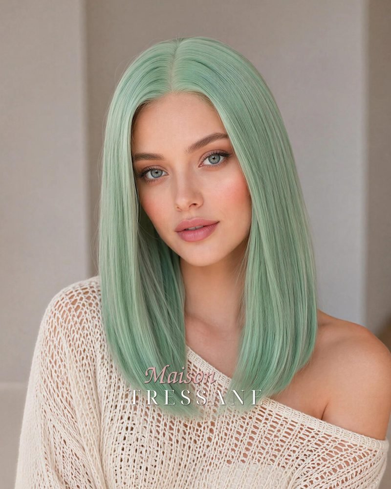 Perruque droite 13 x 4 lacets vert menthe 16 pouces — lisse, 40 cm, teinte vert — portée, vue de face