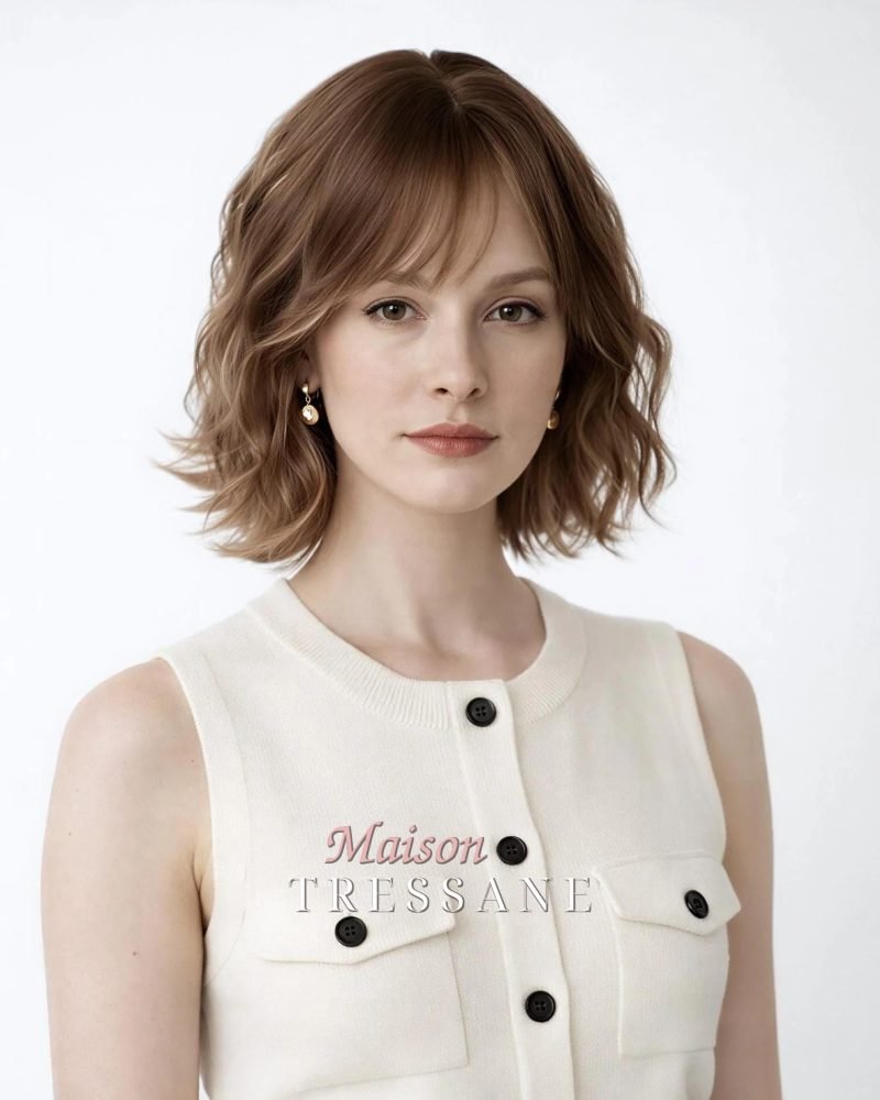 Perruque carrée ondulée brun caramel de 30 cm (12 po.) — ondulée, 30 cm, teinte blond — portée, vue de face