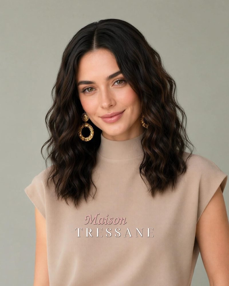 Petite Perruque Lace Front Bob Ondulée Marron Foncé 14 Pouces — ondulée, 35 cm, teinte brun — portée, vue de face