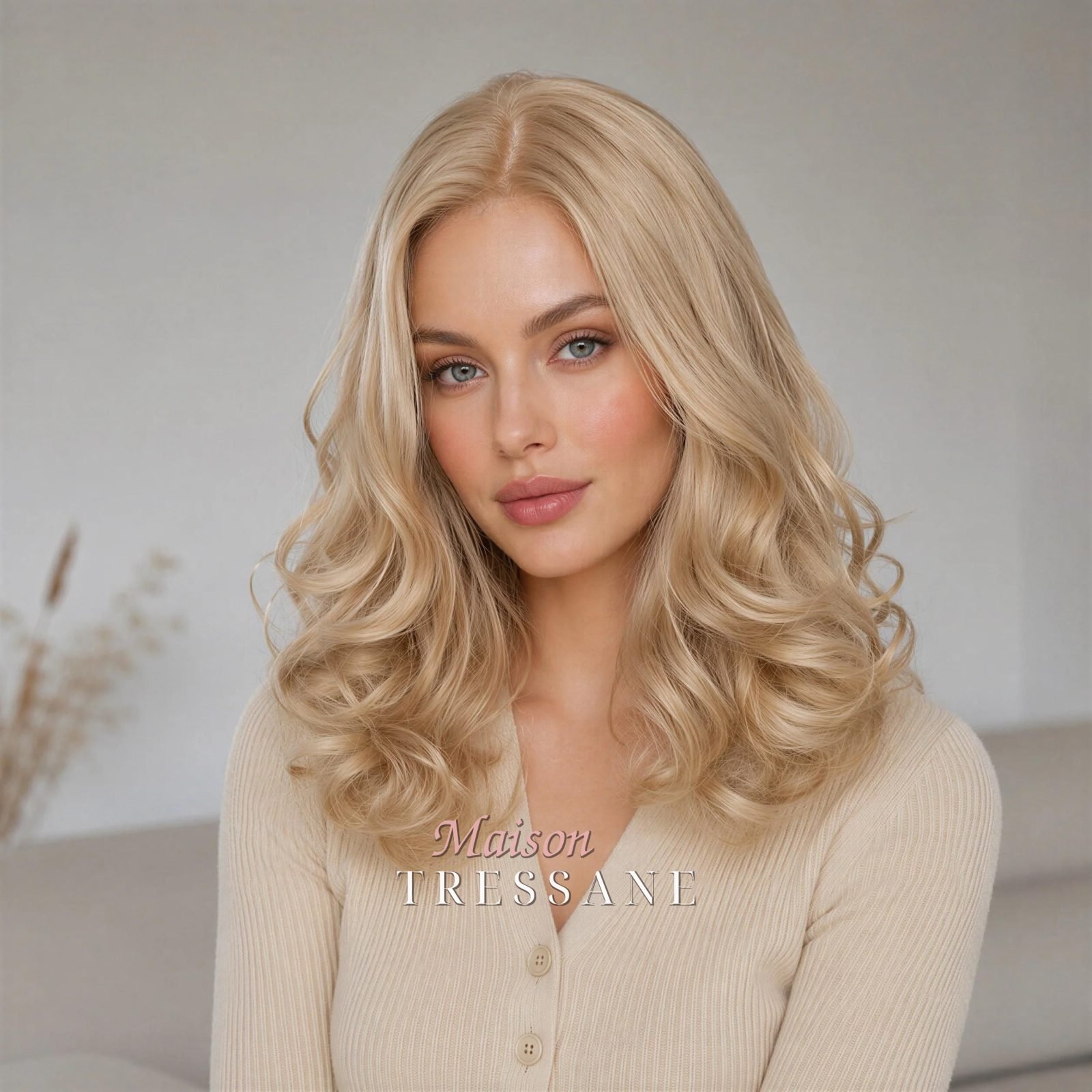 Perruque lace frontale blonde ondulée 13 x 4 pouces — bouclée, teinte blond — portée, vue de face