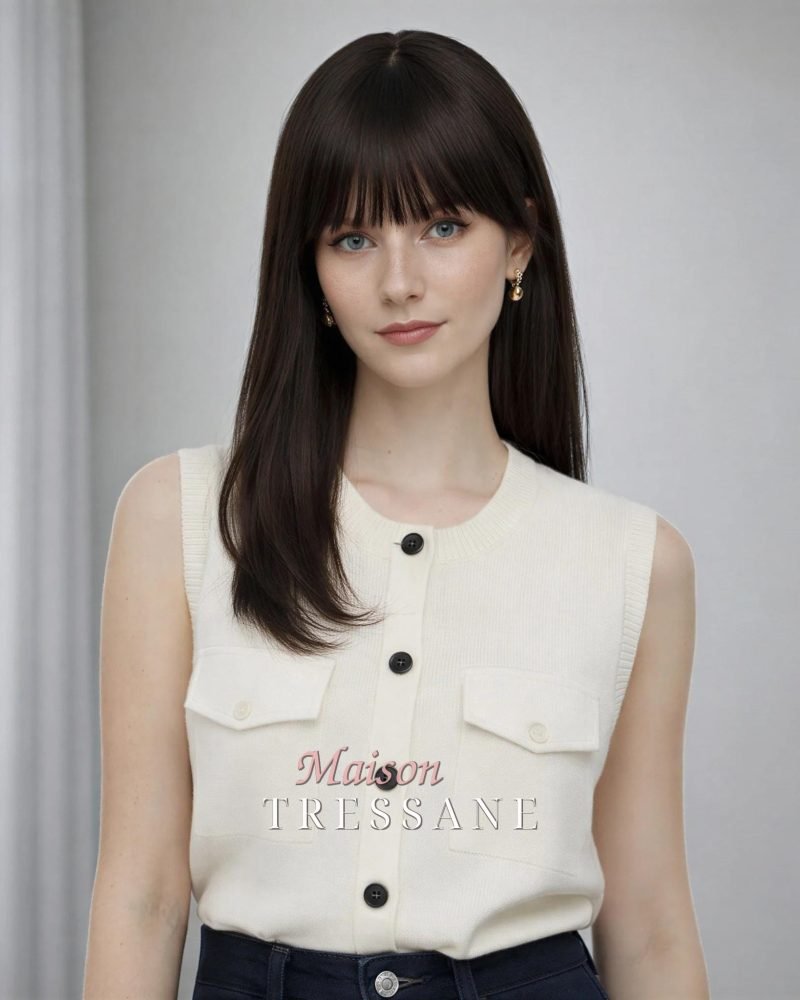 Perruque droite brune noire de 50 cm avec frange — lisse, 50 cm — portée, vue de face