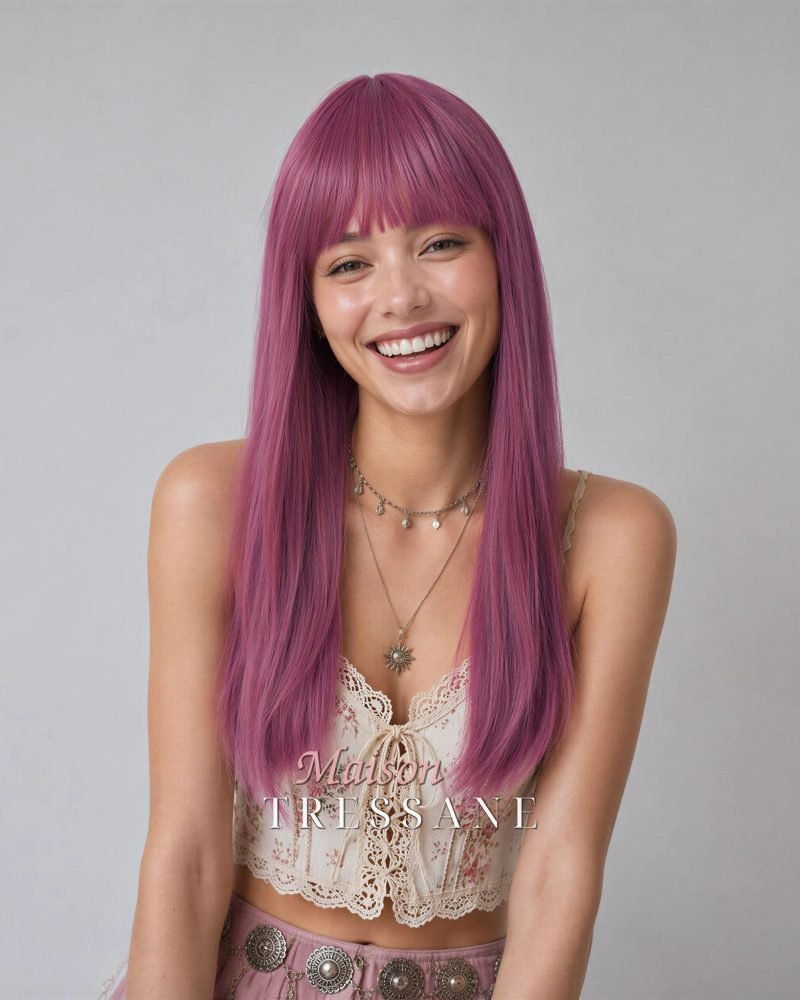 Perruque droite rose pourpre de 22 pouces avec frange — lisse, 55 cm, teinte rose & violet — portée, vue de face
