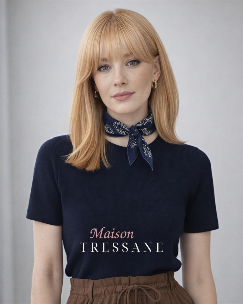 Perruque Bob blond clair de 14 pouces avec frange — lisse, 35 cm, teinte blond — portée, vue de face