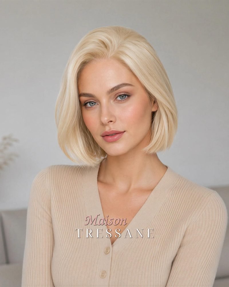 Perruque Lace Front Blond Clair 13 x 4 — lisse, teinte blond — portée, vue de face