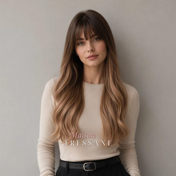 Perruque ondulée à balayage beige foncé cendré 24 pouces avec — ondulée, 60 cm — portée, vue de face