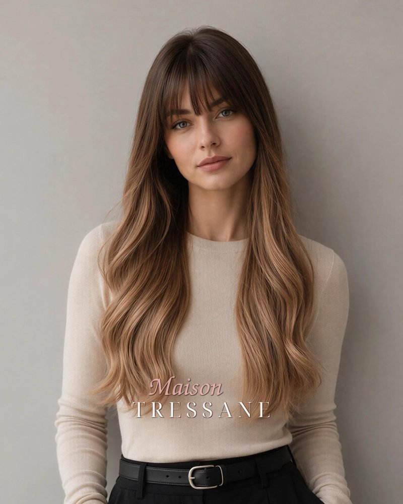Perruque ondulée à balayage beige foncé cendré 24 pouces avec — ondulée, 60 cm — portée, vue de face