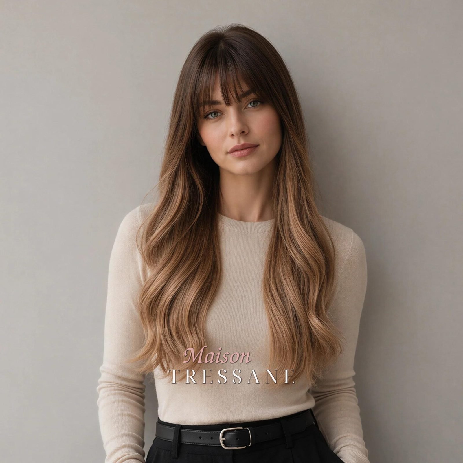 Perruque ondulée à balayage beige foncé cendré 24 pouces avec — ondulée, 60 cm — portée, vue de face