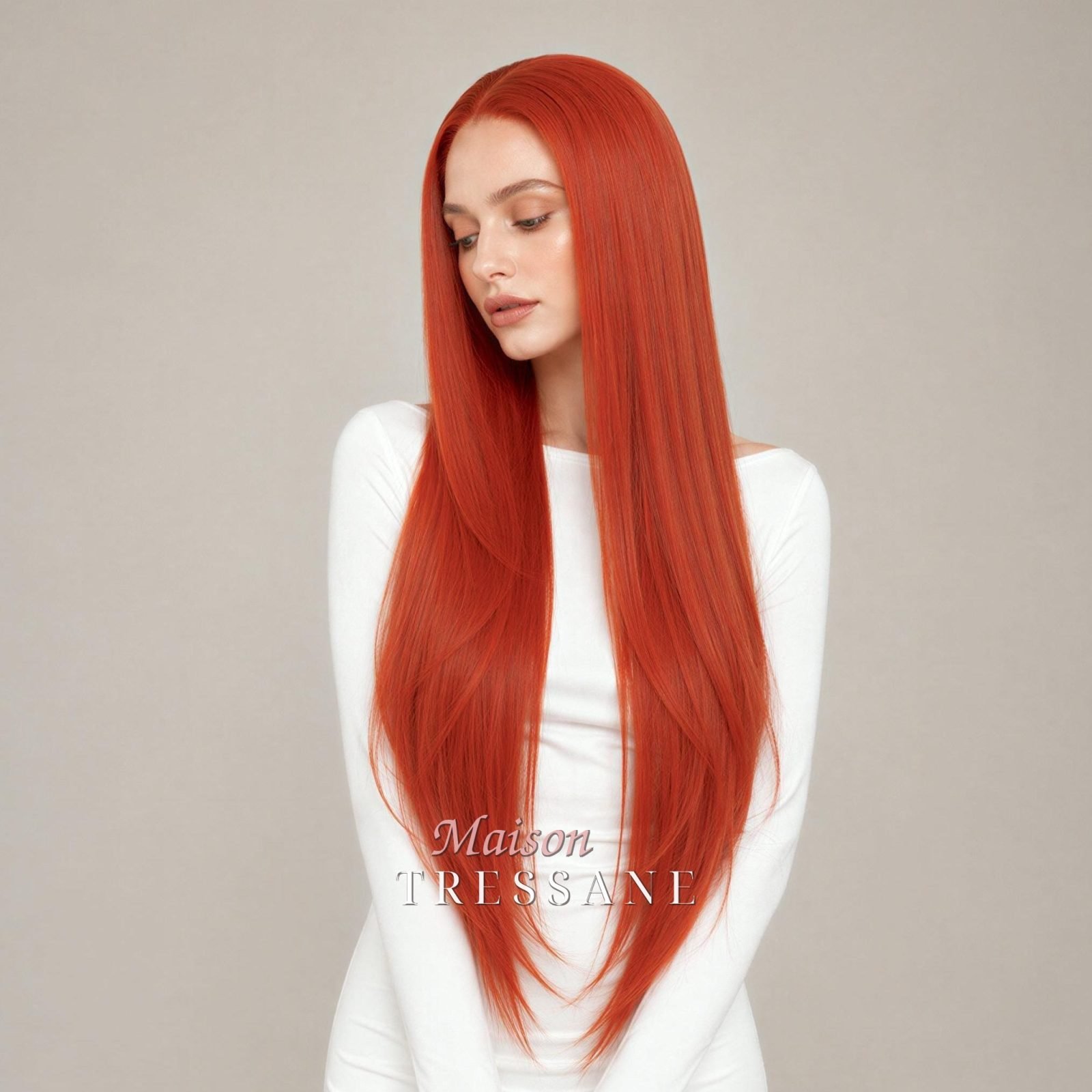 Perruque lace frontale 13 x 4 cuivré gingembre 24 pouces — lisse, 60 cm, teinte cuivre & orange — portée, vue de face