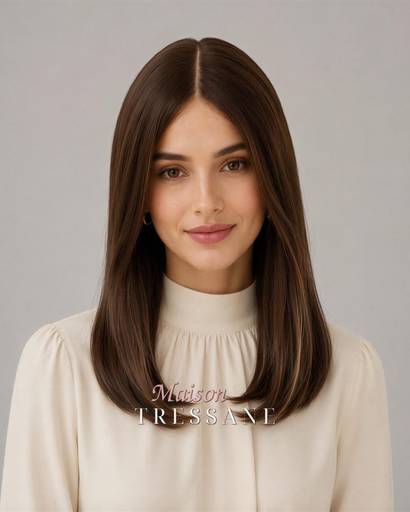 Perruque 40 cm style sheitel, châtain chaud reflets 4/6/12 — 40 cm, teinte châtain — portée, vue de face
