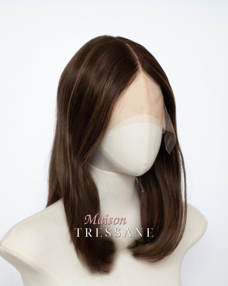 Perruque 40 cm style sheitel, châtain chaud reflets 4/6/12