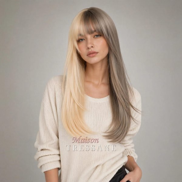 Perruque droite grise blonde fendue de 22 pouces avec frange — lisse, 55 cm, teinte blond — portée, vue de face