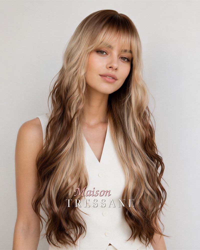 Ondulée 24 pouces blond miel marron avec frange — ondulée, 60 cm, teinte blond — portée, vue de face