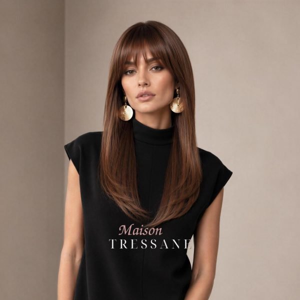 Perruque rehaussée de 40 cm brun chocolat avec frange — lisse, 40 cm, teinte brun — portée, vue de face
