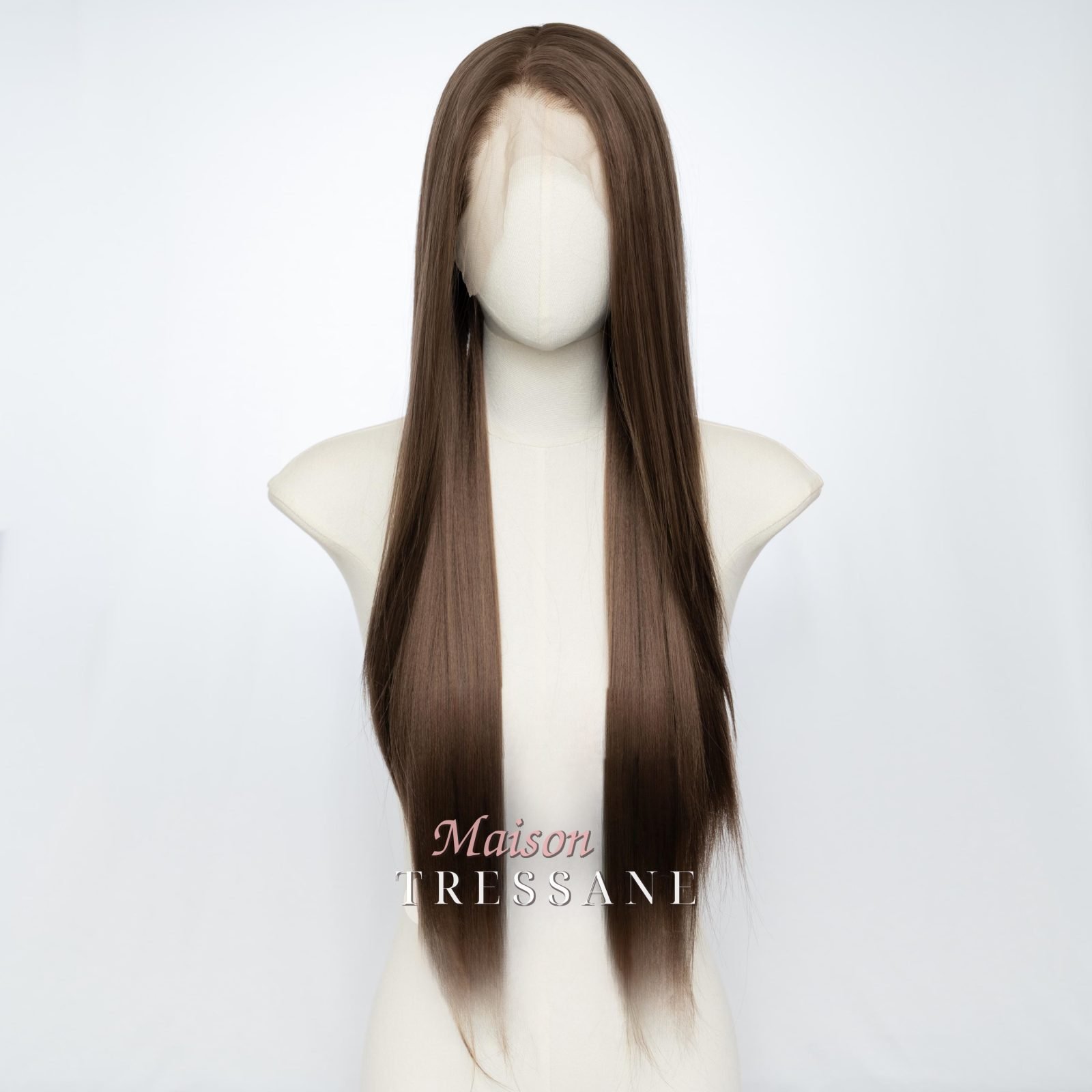 Perruque synthétique longue ligne droite lacet 13 x 4 marron — lisse, 60 cm, teinte brun — vue de face