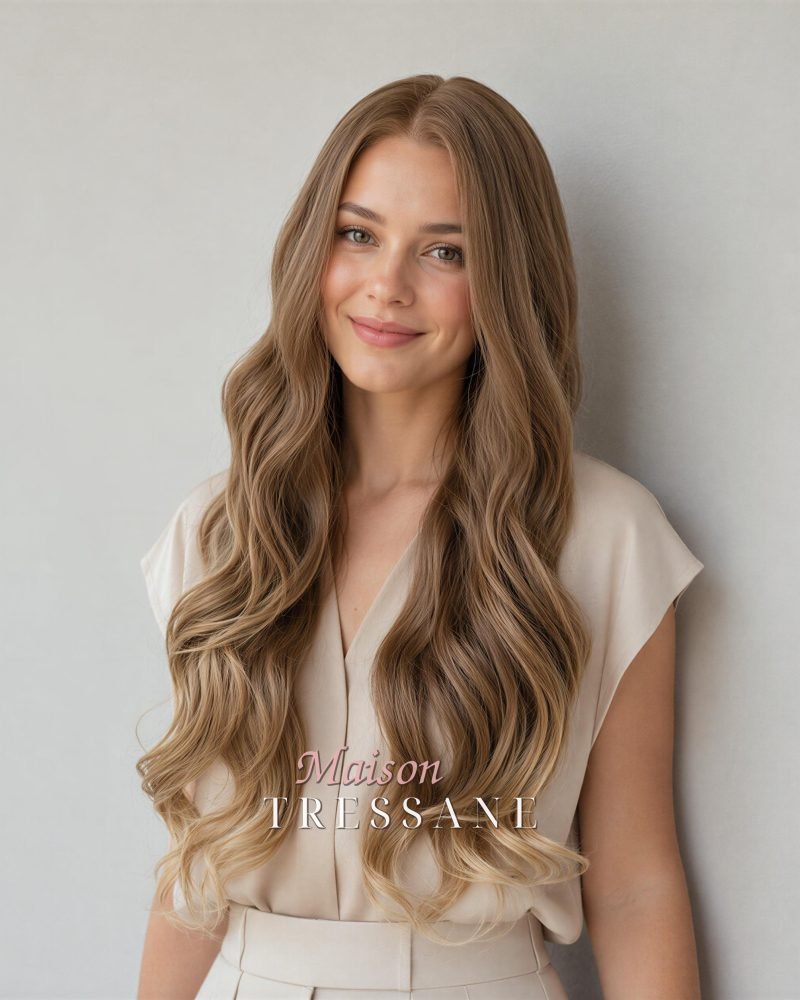 Perruque Synthétique Ondulée Lace Frontale 13 x 4 Blond Foncé 24 — ondulée, 60 cm, teinte blond — portée, vue de face