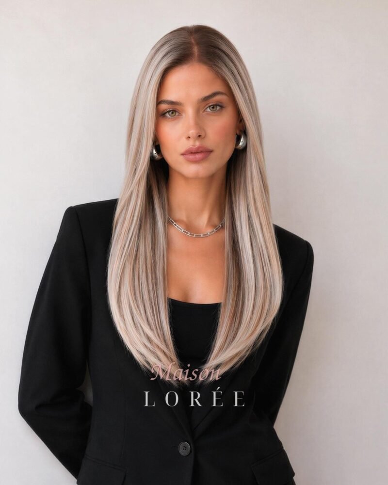 Perruque Lace Front Blond Glacé Doux 22 Pouces — lisse, 55 cm, teinte blond — portée, vue de face