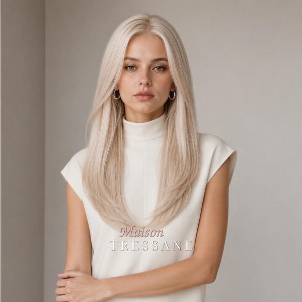 Perruque lace frontale blonde platine 13 x 6 pouces (20 po.) — lisse, 50 cm, teinte blond — portée, vue de face