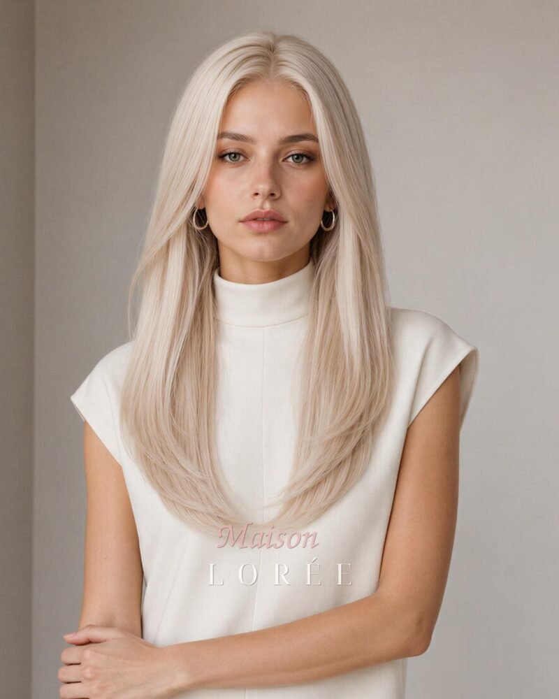 Perruque lace frontale blonde platine 13 x 6 pouces (20 po.) — lisse, 50 cm, teinte blond — portée, vue de face