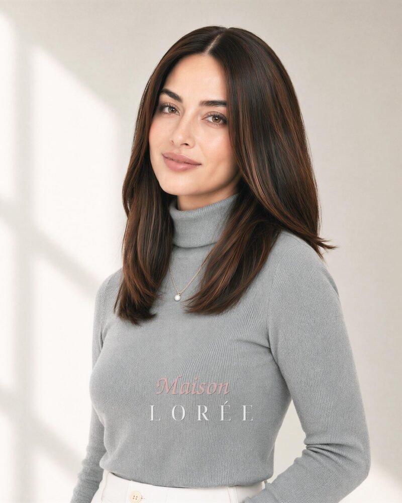 Perruque 40 cm style sheitel, reflets bruns moyens 2/6/10 — 40 cm — portée, vue de face