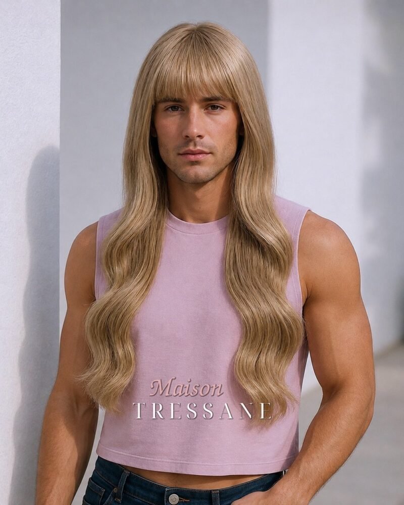 Perruque 65 cm — blond cendré ondulée — bonnet réglable 53-60 cm