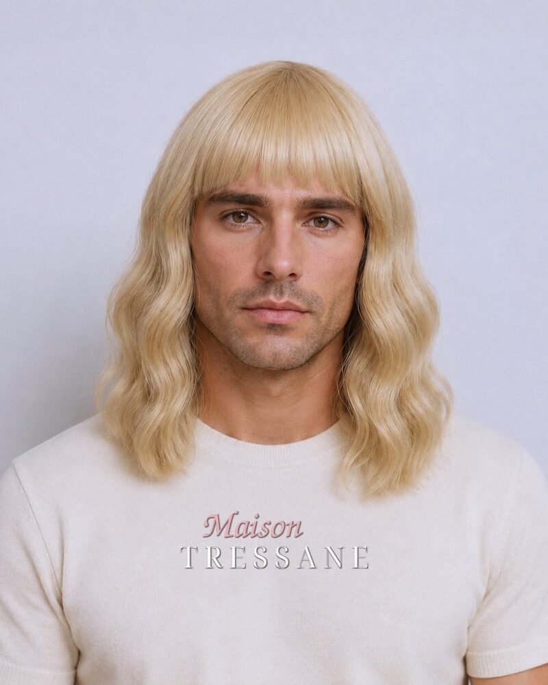 Perruque homme 35 cm — blond ondulée carré — bonnet réglable 53-60 cm — Maison Tressane