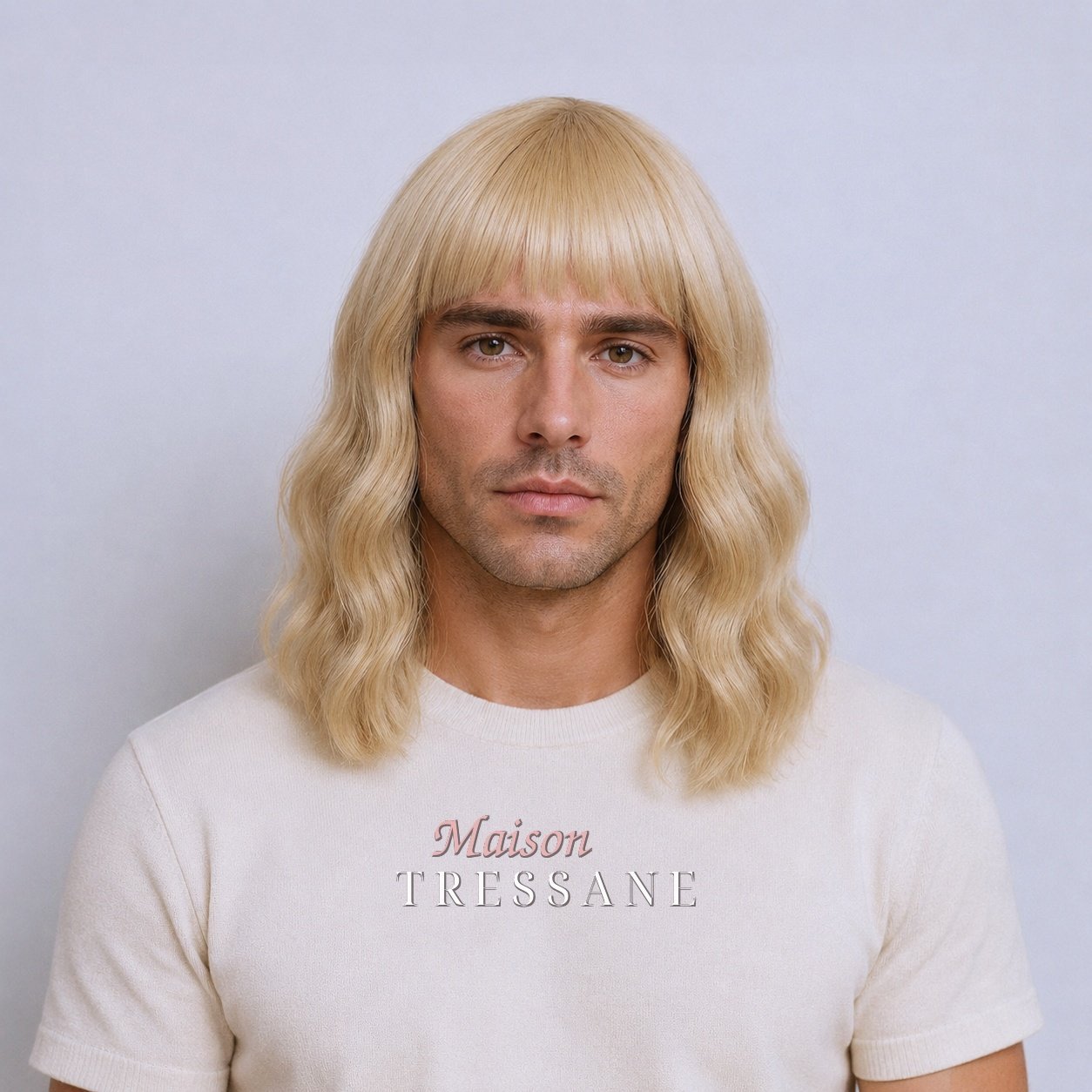 Perruque homme 35 cm — blond ondulée carré — bonnet réglable 53-60 cm — Maison Tressane