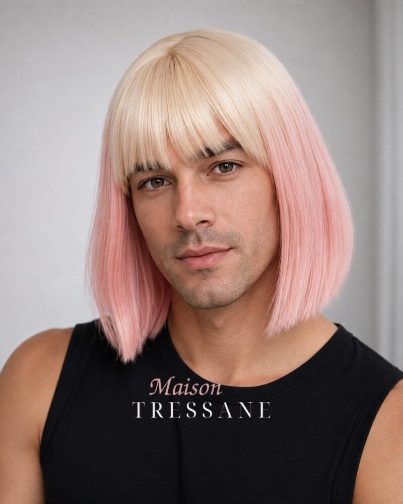 Perruque 25 cm — blond et rose carré — bonnet réglable 53-60 cm