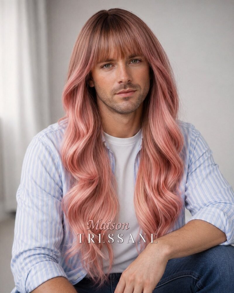 Perruque rose ombré 65 cm, ondulée — bonnet réglable 53-60 cm