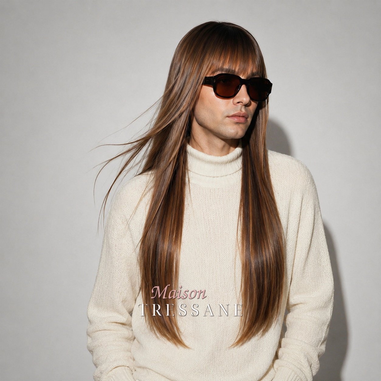 Perruque homme brun à reflets caramel lisse 61 cm — bonnet réglable 53-60 cm — Maison Tressane