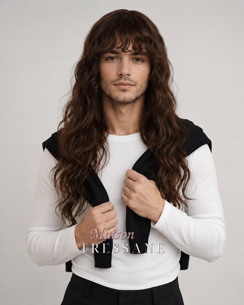 Perruque homme brun foncé 61 cm, ondulée — bonnet réglable 53-60 cm — Maison Tressane