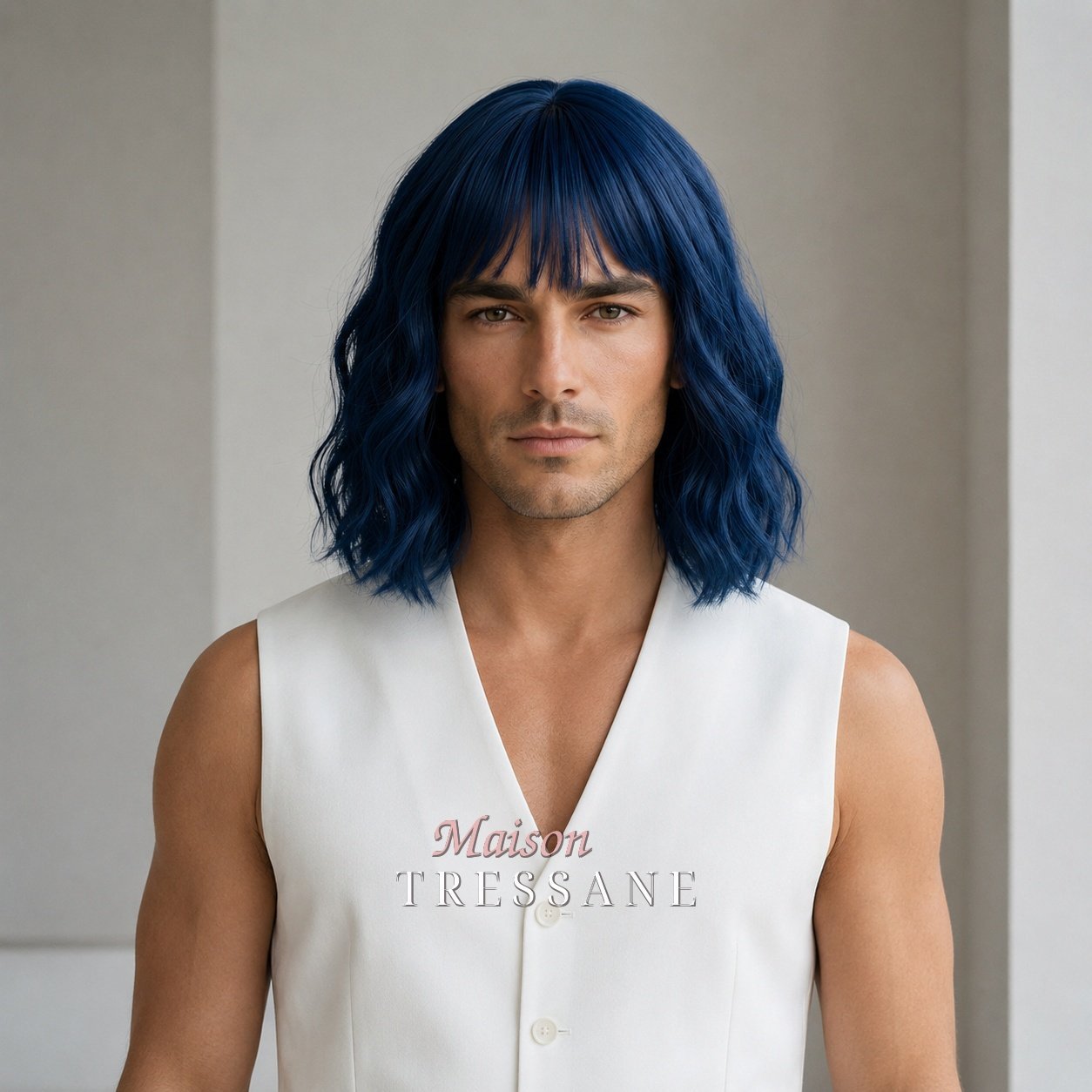 Perruque 30 cm — bleu ondulée carré