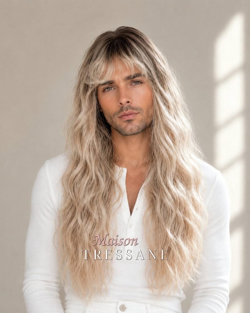 Perruque blond cendré ombré 55 cm, ondulée — bonnet réglable 53-60 cm