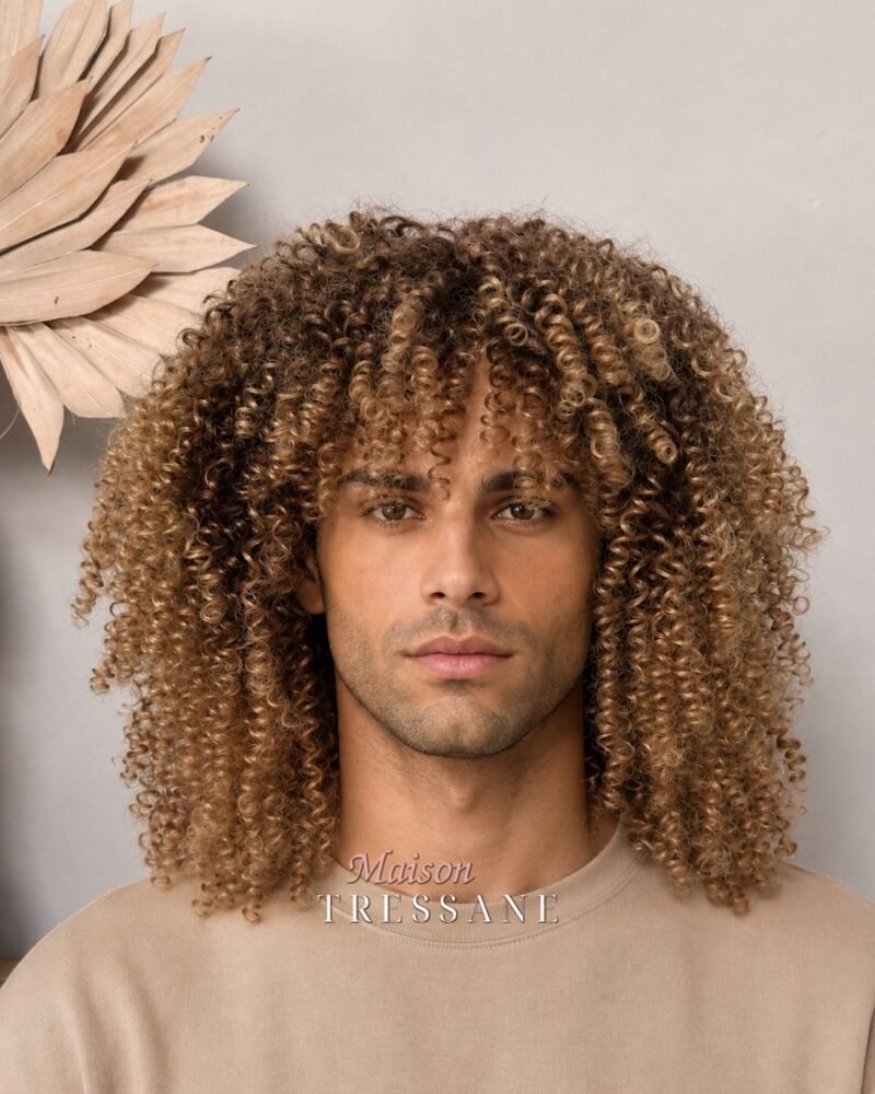 Perruque homme afro blond ombré bouclée 35 cm — bonnet réglable 53-60 cm — Maison Tressane