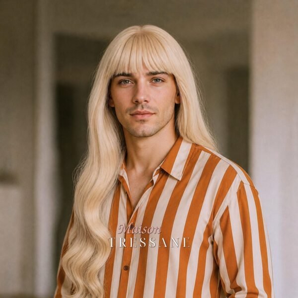 Perruque blond 60 cm, ondulée — bonnet réglable 53-60 cm