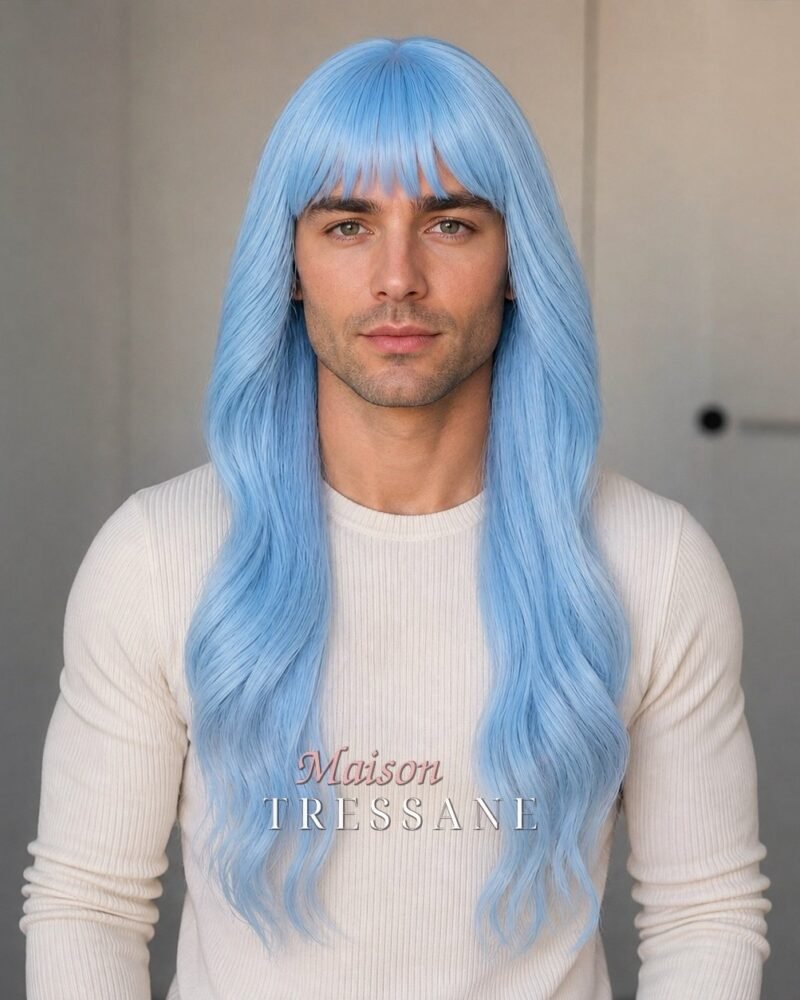 Perruque 65 cm — bleu ondulée — bonnet réglable 53-60 cm