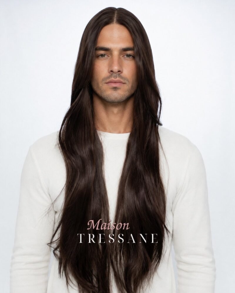 Perruque homme 65 cm — brun foncé lisse — lace front — Maison Tressane